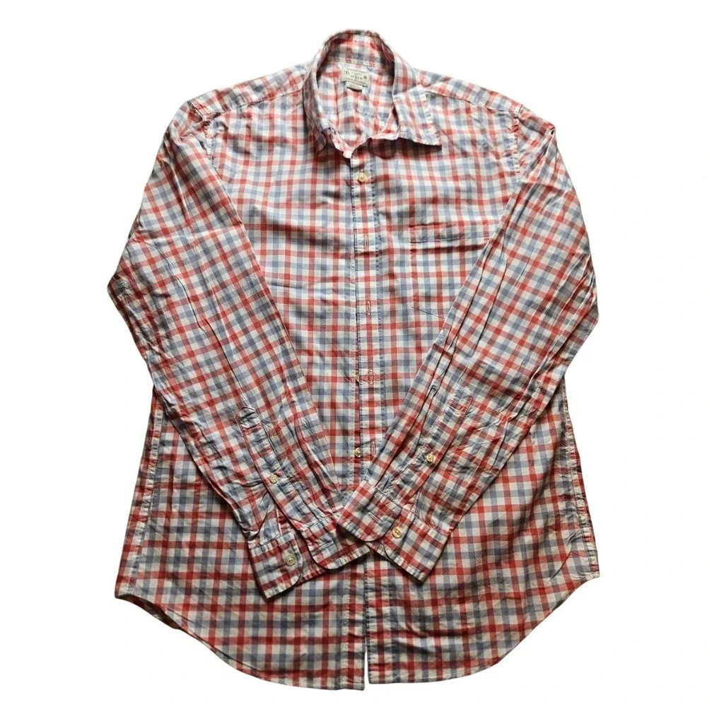 J.Crew Mens Tailored Light Weight Shirt Red Blue Gingham Cotton Button Down M